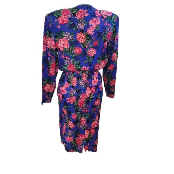 Vintage 80s Blouson Floral Longsleeve Secretary Dress Pockets‎ Blue Sz Small - Picture 4 of 8